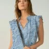 Elan Indigo Paisley Print Ruffle Tie Neck Blouse Tops
