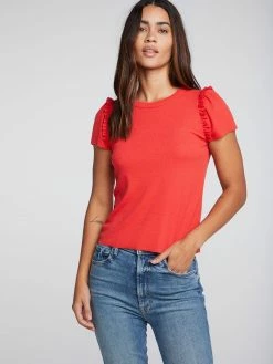 CHASER Tops Linen Punch Ruffle Puff Sleeve Tee