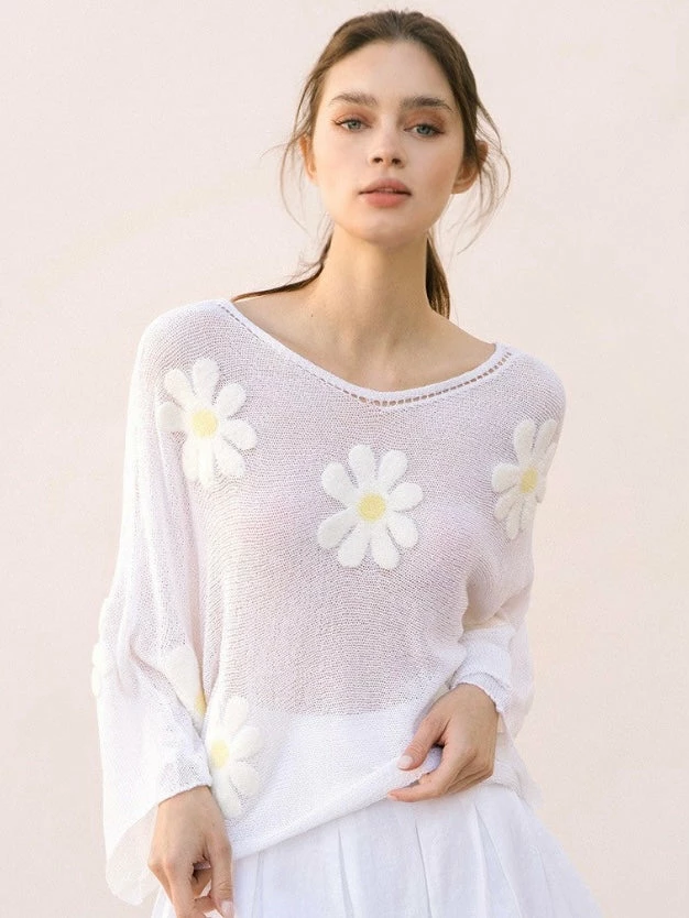 Storia Tops White 3-D Daisy Sweater 3 Storia Tops White 3-D Daisy Sweater