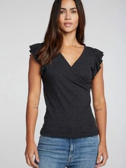 CHASER Triblend Black Rib Flutter Sleeve Surplice Tee