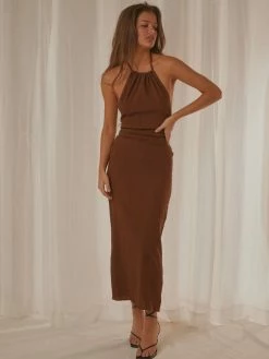 Peppermayo Avoca Halter Chocolate Brown Maxi Dress