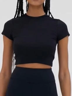 WeWoreWhat Cropped Black Baby Tee Waffle Knit Tops