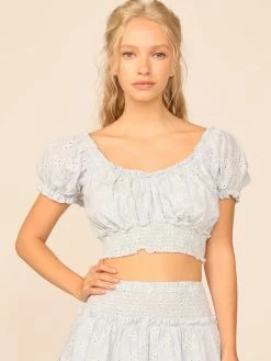 Vintage Havana Chambray Blue Eyelet Smocked Crop Top
