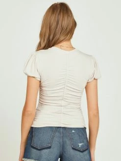 Vintage Havana Tops Shirred Sleeve Cream Ruched Top