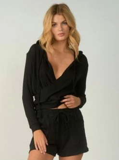 Elan Tops Wide Rib Crop Surplice Hooded Top