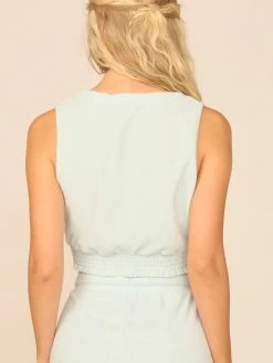 Vintage Havana Salty Blue Terry Cloth Surplice Smocked Waist Top