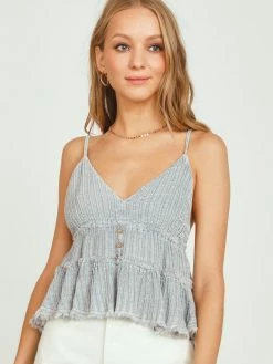 Vintage Havana Fog Blue Textured Stripe Tiered Ruffle Tank Top