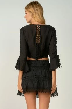 Elan Black Embroidered Lace Trim Tie Front Top