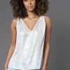 Lola & Sophie Foil White Satin Split V-Neck Tank Top