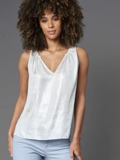 Lola & Sophie Foil White Satin Split V-Neck Tank Top