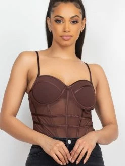 Iris Tops Valentina Chocolate Brown Mesh Bodysuit