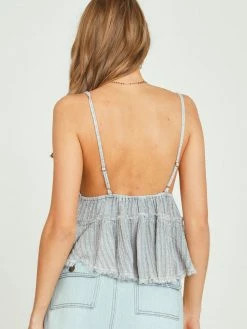Vintage Havana Fog Blue Textured Stripe Tiered Ruffle Tank Top