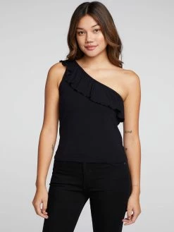 CHASER One Shoulder Black Ruffle Top Tops