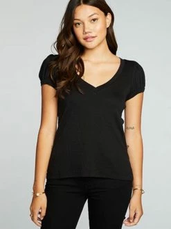 CHASER Rpet Vintage Rib Black Puff Sleeve Tee