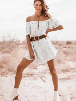 Elan Off The Shoulder Blue Stripe Tiered Dress