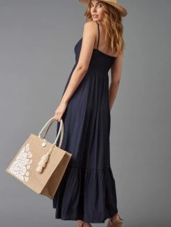 Lola & Sophie Satin Tier Keyhole Navy Maxi Dress Dresses