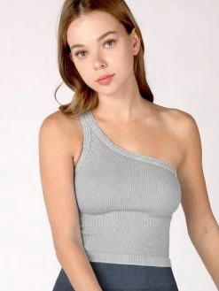 Nikibiki Tops Junie One Shoulder Vintage Cool Grey Crop Top