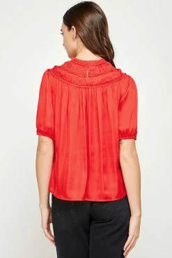 Strut And Bolt Bonita Puff Sleeve Red Satin Top