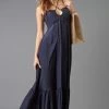Lola & Sophie Satin Tier Keyhole Navy Maxi Dress Dresses