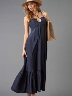 Lola & Sophie Satin Tier Keyhole Navy Maxi Dress Dresses