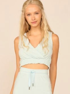 Vintage Havana Salty Blue Terry Cloth Surplice Smocked Waist Top