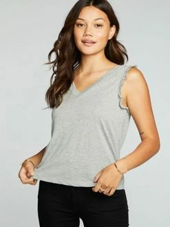 CHASER Rpet Vintage Grey Jersey Double V Ruffle Muscle Tank