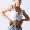 Signature 8 Tops Nola Rib Split Neck White Crop Top