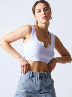 Signature 8 Tops Nola Rib Split Neck White Crop Top