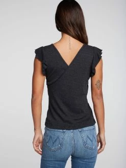 CHASER Triblend Black Rib Flutter Sleeve Surplice Tee