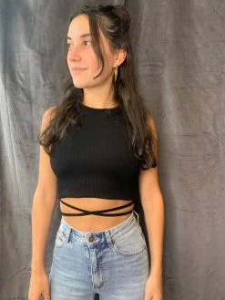 Suzette Ribbed Wrap Around Tie Waist Black Crop Tops