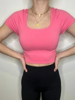Nikibiki Lia Short Sleeve Bubble Gum Square Neck Crop Top Tops