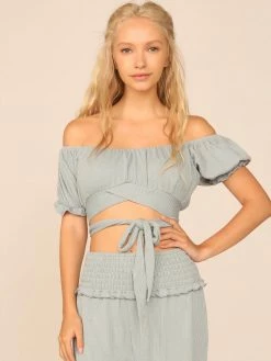 Vintage Havana Ocean Water Rib Knit Wrap Crop Top