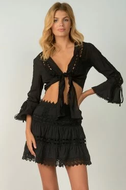 Elan Black Embroidered Lace Trim Tie Front Top